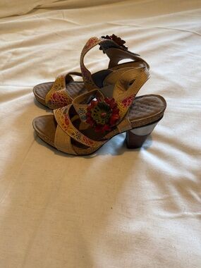 Brown and Multicolor Floral Accent Heeled Sandals